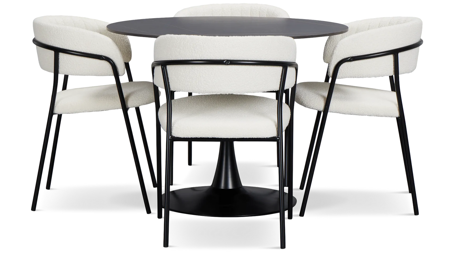 Table ronde noire Fremont et 4 chaises rembourrées
